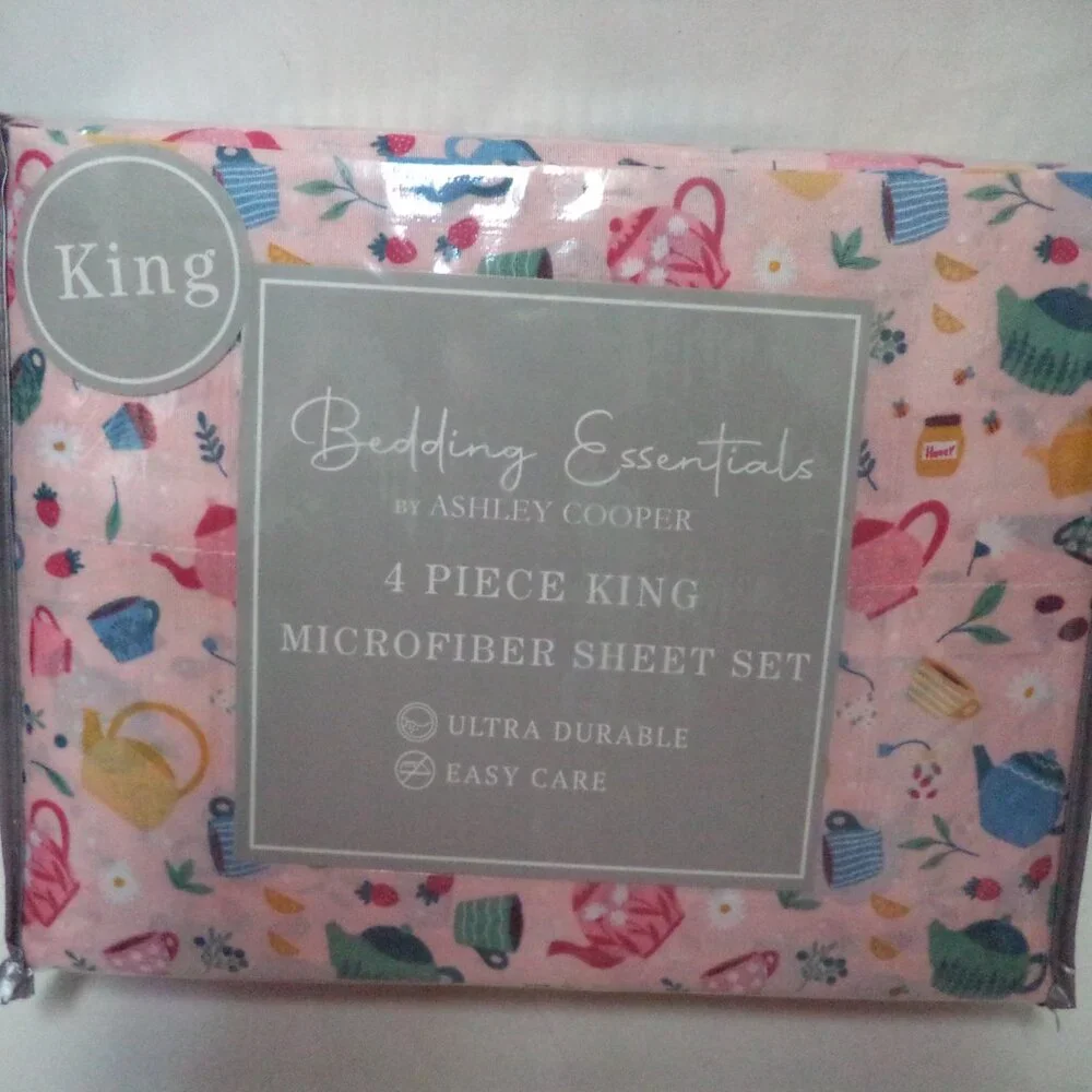 Ashley Copper Tea Party Cup pink 4 piece Micro Fiber King sheet set NEW NWT